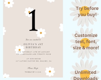 Invitation numérique neutre d'anniversaire de marguerite | faire-part d'anniversaire | Téléphone portable Evite | Faire-part d'anniversaire modifiable | Invitation par SMS