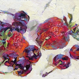 Fraise, peinture, fruit, peinture à l'huile originale, cerise, petite, peinture, empâtement, cuisine, nature morte, nourriture, peinture, fraise, décoration