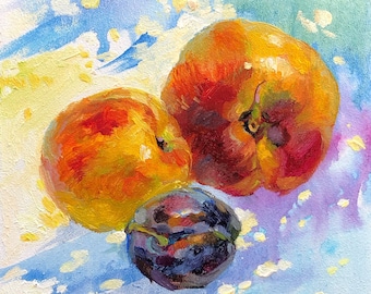 Fruit Still Life Oil Painting Original Peach & Plum Kitchen Artwork