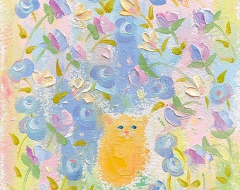 Cat Painting Handmade Oil Original Painting Floral Cat Wall Art Gifts For Cat Lovers