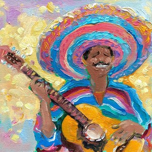 Original Oil Painting: Mexican Mariachi Man With Sombrero - 6x6