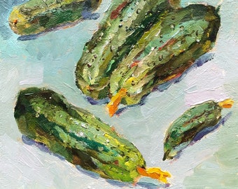 Cucumber Painting Original Oil Kitchen Still Life Food Art 6x6