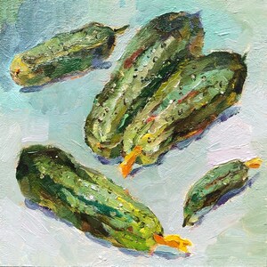 Peinture à l'huile originale de cuisine, peinture de légumes, nature morte de nourriture, art culinaire, concombre, légume