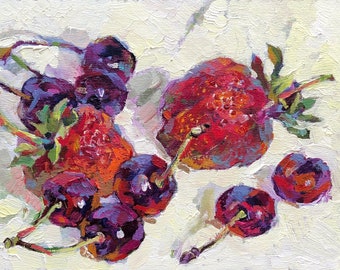 Strawberry Cherry Painting Original Oil Impasto Kitchen Still Life 7x5