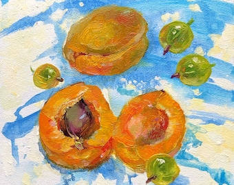 Apricot Painting Original Oil Still Life Small Fruit Art (6x6 in)