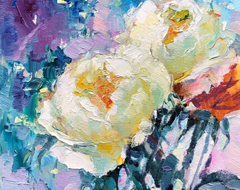 バラの油絵、パレットナイフによるオリジナル絵画、花の壁アート