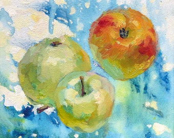 Apple Painting Original Small Oil Painting Fruit Kitchen Painting 6x6