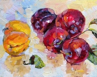 Original Fruit Oil Painting: Plum & Apricot Still Life Kitchen Art