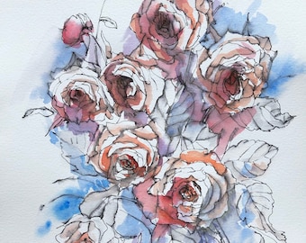 May include: Watercolor painting of a bouquet of pink and red roses with blue and purple watercolor washes in the background.