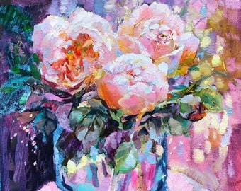 Original Peony Oil Painting Floral Still Life Artwork, 8x8