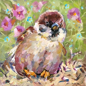 Peinture originale de moineau à l&#39;huile oiseau moineau d&#39;art oiseau oiseau réaliste art cadeau pour amoureux des oiseaux