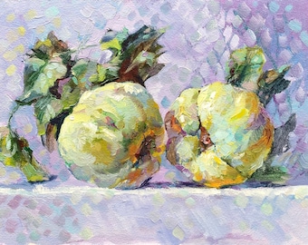 Apple Painting Fruit Still Life Original Oil Painting Food Quince Painting Kitchen Artwork Fruit Wall Art
