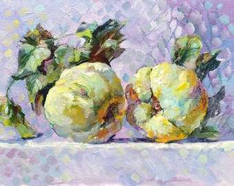May include: Two yellow-green apples with green leaves on a purple background with white dots.