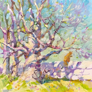 Peinture de printemps, arbre, peinture de chat, peinture à l'huile originale, oeuvre de chat, cadeaux sur le thème de chat, peinture de la nature