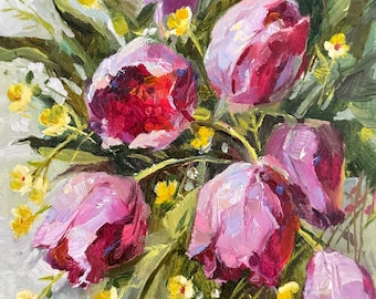 Tulipanes burdeos, pintura al óleo original, naturaleza muerta floral, 6 x 6 pulgadas
