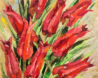 油絵 赤いチューリップ 油絵 チューリップの花 絵画 ギフト カラフル オリジナル 油絵 風景画