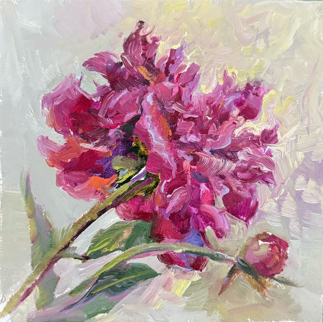 Peony Oil Painting Impasto: 6x6 Floral Art on Hardboard - Etsy