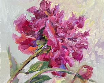 Pintura al óleo de peonía Impasto: Arte floral de 6x6 sobre tablero duro