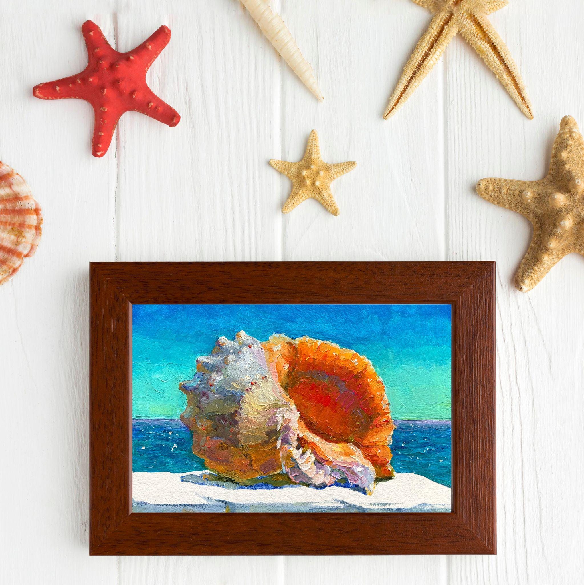貝殻の絵画 オリジナル油絵 海景アート 沿岸装飾 (6 x 8 インチ