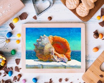 油彩画 貝殻のモチーフ 貝殻の絵画 オリジナル油絵 海景アート 沿岸装飾 (6 x 8 インチ