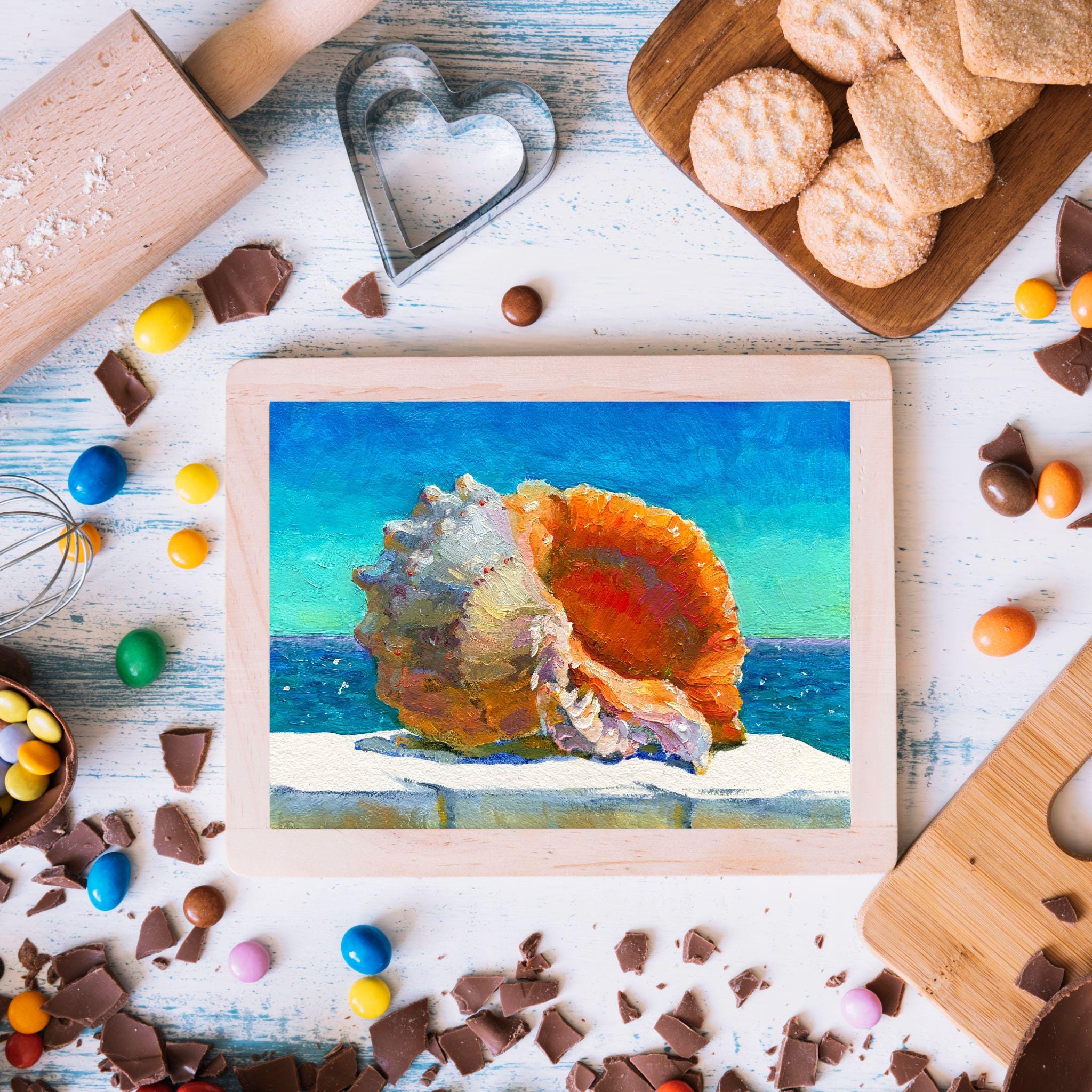 貝殻の絵画 オリジナル油絵 海景アート 沿岸装飾 (6 x 8 インチ