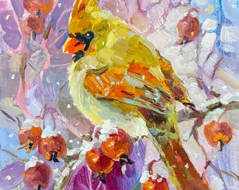 Cardinal Painting Original Oil Impasto Cardinal Bird Art 6x6 in