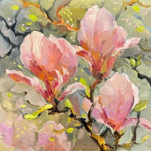Pink Magnolia Painting Original Oil Painting Flower Magnolia Art Magnolia Artwork Floral Pink Flower Art