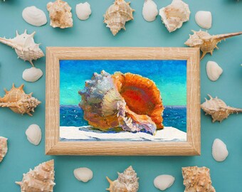 油彩画 貝殻のモチーフ 貝殻の絵画 オリジナル油絵 海景アート 沿岸装飾 (6 x 8 インチ