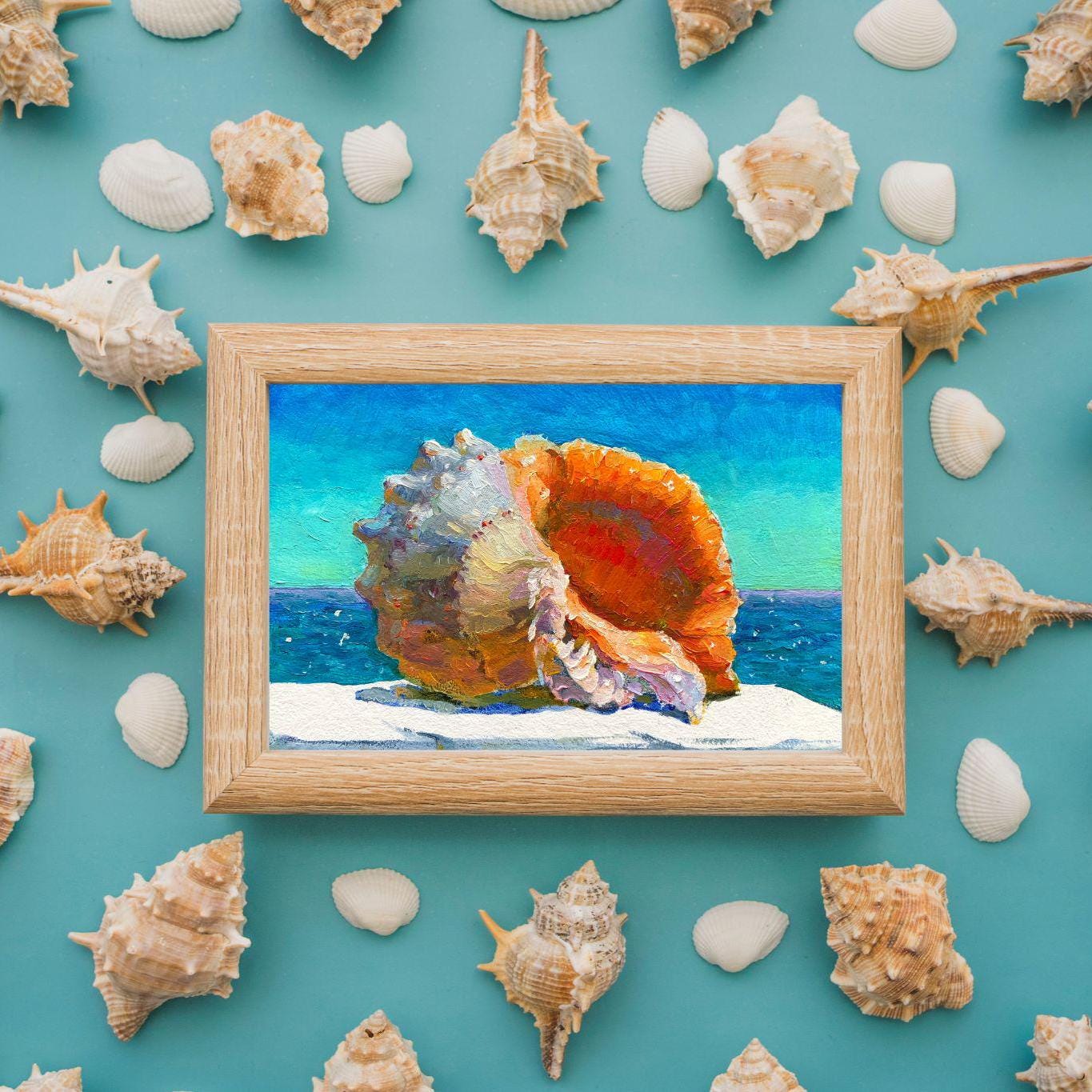 貝殻の絵画 オリジナル油絵 海景アート 沿岸装飾 (6 x 8 インチ
