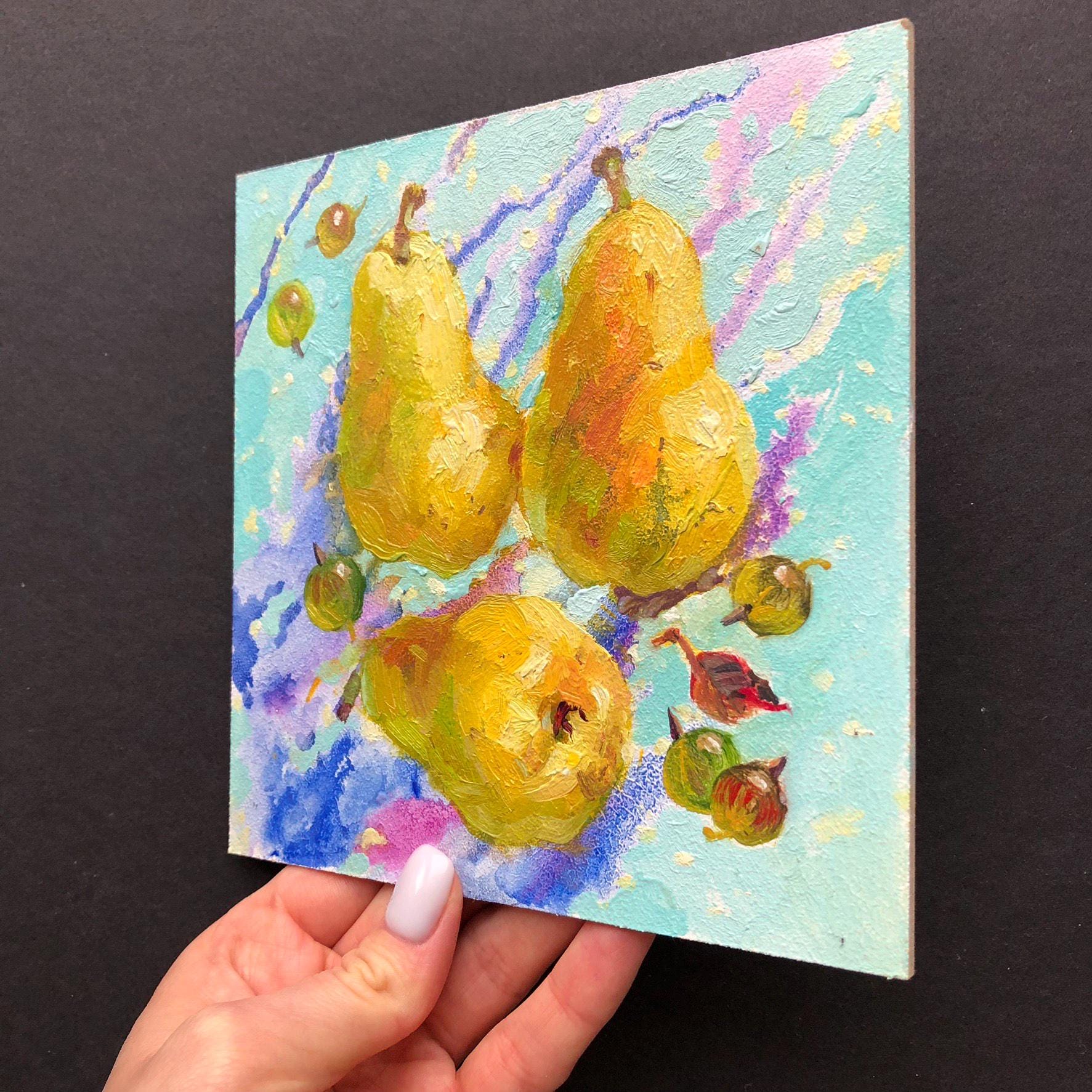 オリジナルの洋梨の油絵：6x6の小さな果物の静物画 - Etsy 日本