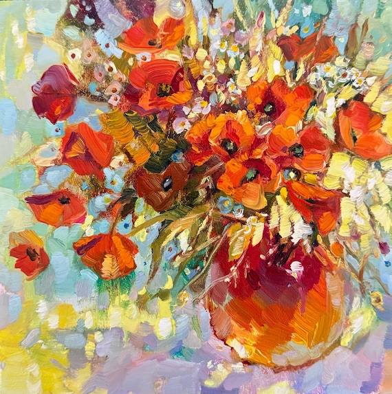 オリジナルの野花の油絵：赤い花の静物画、8x8インチ - Etsy 日本