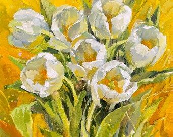 チューリップの小さなオリジナル油絵、花の静物画の壁アート、ブーケ
