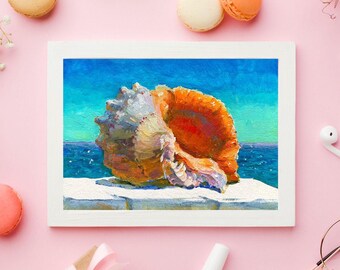 貝殻の絵画 オリジナル油絵 海景アート 沿岸装飾 (6 x 8 インチ