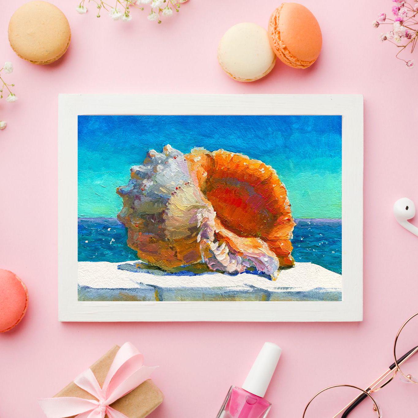 貝殻の絵画 オリジナル油絵 海景アート 沿岸装飾 (6 x 8 インチ