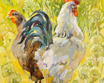 Rooster Chicken Original Farm Animal Small Oil Painting 6x6
