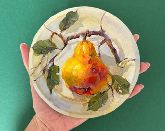 Pintura al óleo original de pera: bodegón de frutas redondas, arte de cocina