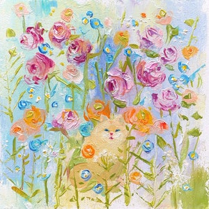 Peinture de chat, peinture à l'huile originale, peinture de chat drôle, art mural floral de chat