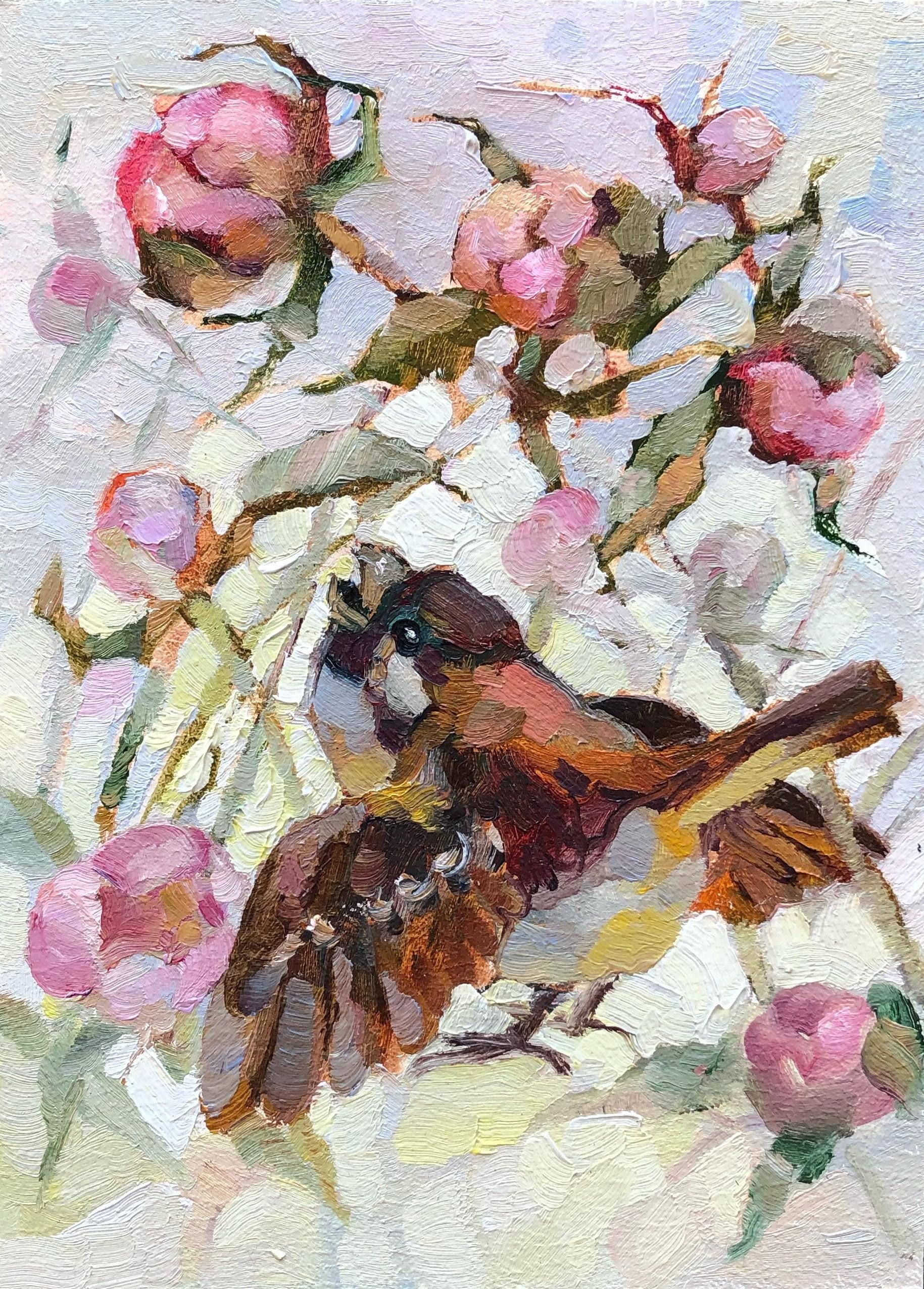スズメの油絵 オリジナルの鳥のアートワーク - Etsy 日本