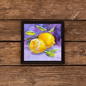 May include: A painting of two lemons with green leaves on a purple background. The lemons are yellow and have a textured surface. The leaves are green and have a smooth surface.
