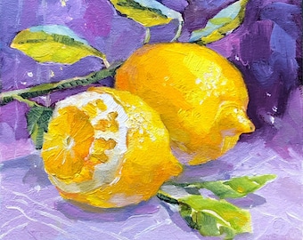 レモンの絵画オリジナルアート静物油絵、フルーツの壁アート、キッチン