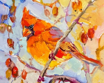 Cardinal Painting Original Christmas Bird Oil Painting 6x6