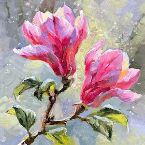Magnolienmalerei Originales kleines Ölgemälde Florale Magnolienkunst Magnolienkunstwerke Originale Magnoliengeschenke