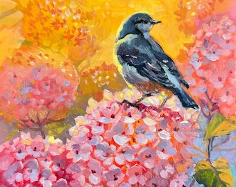 タイトル「紫陽花の開花」、オリジナル油絵、11 x 14インチ、額装済み