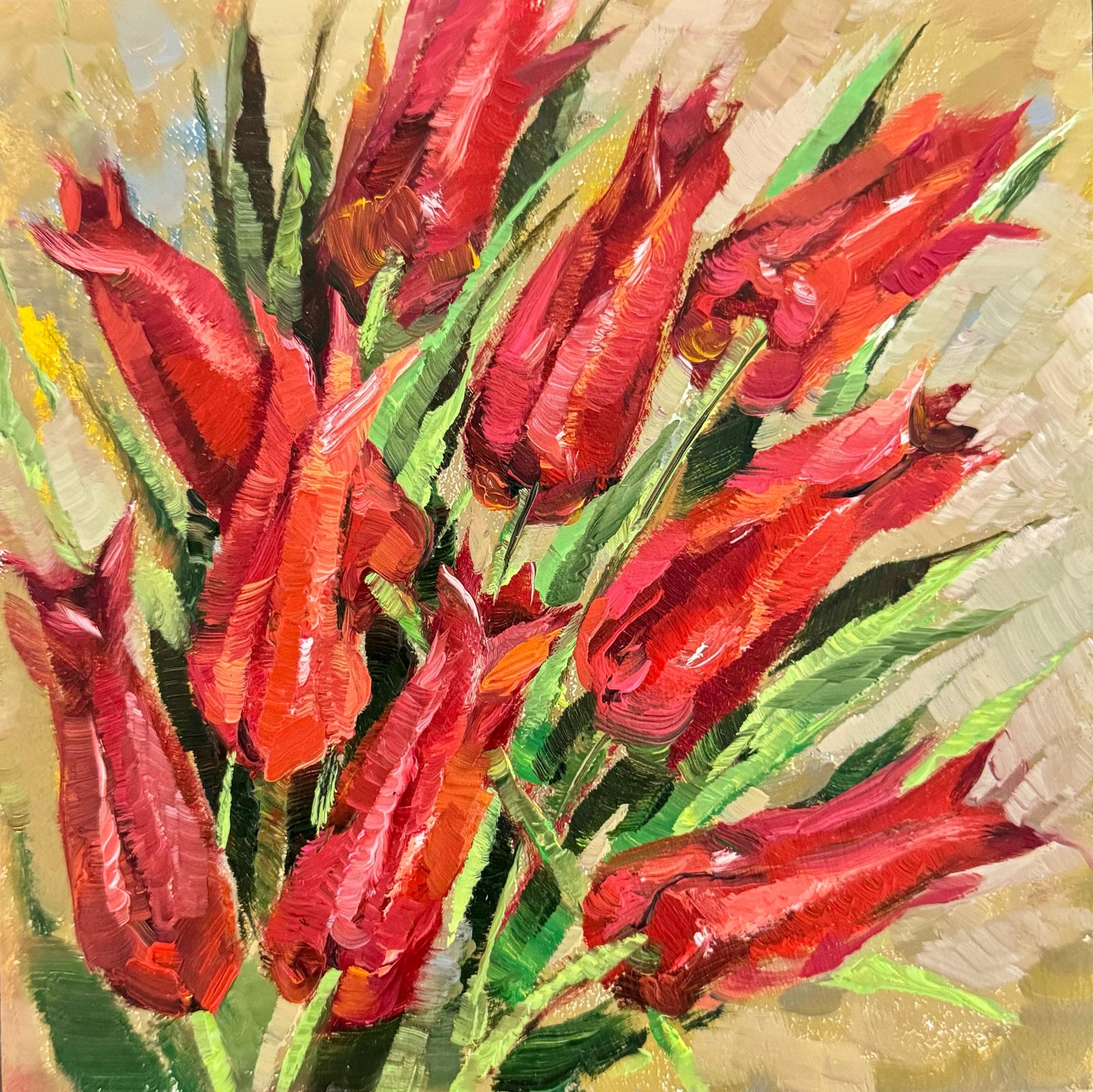 赤いチューリップの絵画 オリジナルの油絵 小さな花の絵画 赤い