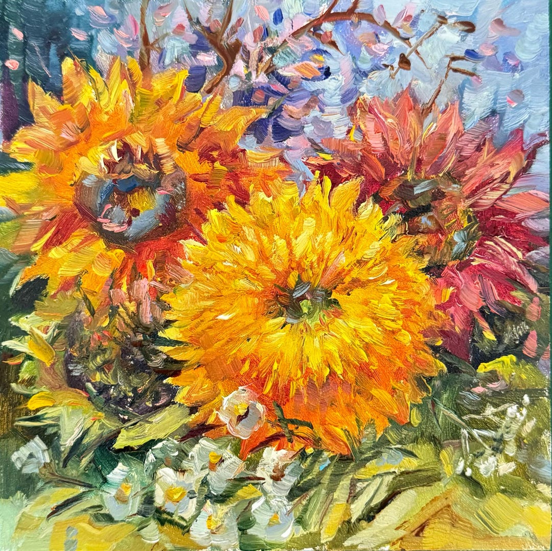 Small Sunflower & Dahlias Oil Painting: Textured Floral Impasto Art - Etsy