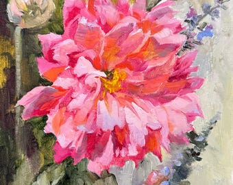 Dalie Dipinto Fiore Originale Olio Rosa Floreale Piccolo Dipinto 6x6