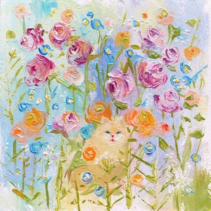Peinture originale de chat, petite peinture, peinture de fleurs pour animaux de compagnie, cadeaux sur le thème de chat drôle