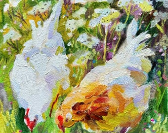 Chicken Original Oil Painting: Rustic Chicken Artwork, Farmhouse Decor 6x6