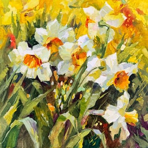 Daffodils Painting Original Wildflowers Painting 8x8 Impasto Oil Painting Wildflower Artwork Flower