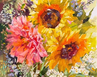 Peony Oil Painting Impasto: Floral Wall Art, 8x8 Original